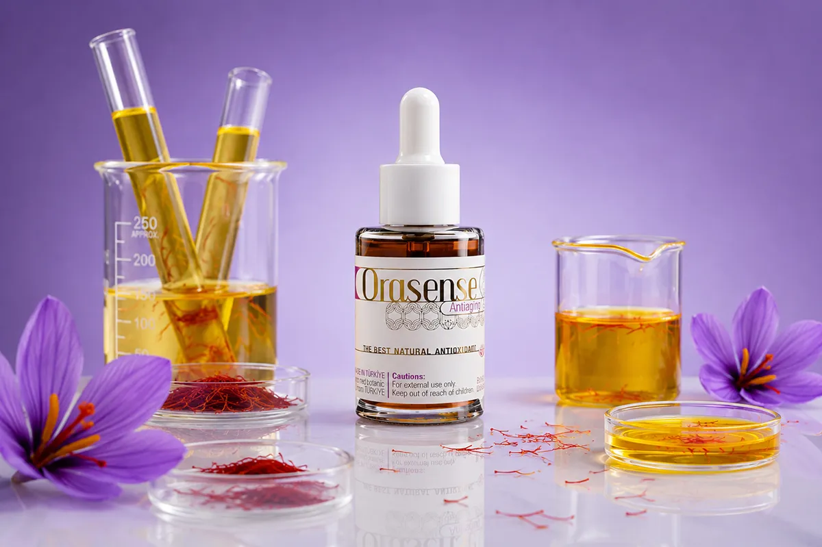 Bottle of Orasense saffron antioxidant serum surrounded by laboratory glassware, saffron threads, and purple saffron flowers on a light purple background.