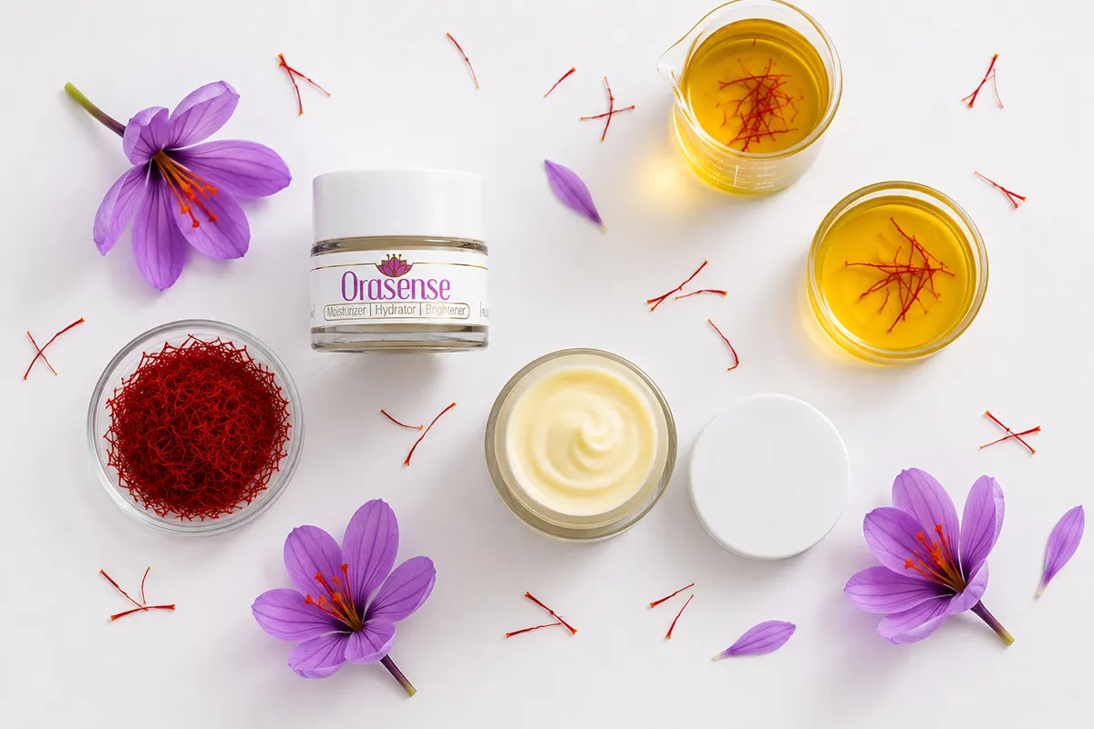 Top view of Orasense saffron moisturizing cream with saffron threads, purple saffron flowers, and saffron-infused liquid on a white background.